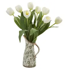 19" Tulip Arrangement in Floral Pitcher White