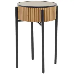 26.5" Brown Wood Handmade Slatted Side End Accent Table with Black Legs