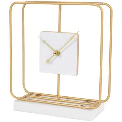 8" Gold Metal Geometric Open Frame Clock with White Clockface & Base