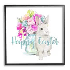 Stupell Industries Happy Easter Calligraphy Bunny Pink Flower Bouquet Framed Giclee Art Black