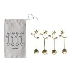 Hello Honey&reg; 5.5" Stainless Steel & Brass Spoons with Flower Handles & Drawstring Bag