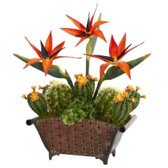 21" Bird of Paradise & Cactus Plant in Metal Planter