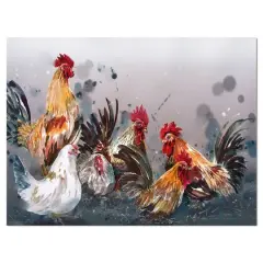 Designart - Group of Rooster in Gray Farm background - Farmhouse Animal Painting Print on Wrapped Canvas