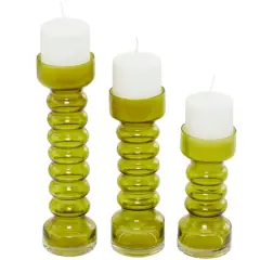 Green Glass Bubble Pillar Candle Holder Set