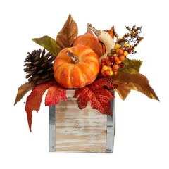 8" Pumpkin, Gourd, Berries & Pinecones Autumn Arrangement In Natural Washed Vase