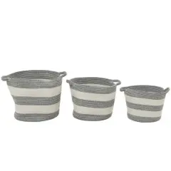 Gray Cotton Handmade Striped Storage Basket with Handles Set of 3 14", 12", 10"