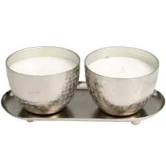 Campfire Scented Candles in Silver Grid Patterned Bowls Set