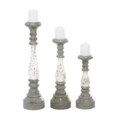 20" White & Gray Wood Farmhouse Candlestick Holder Set