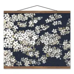 White Blossoms on Navy Teak Hanging Canvas