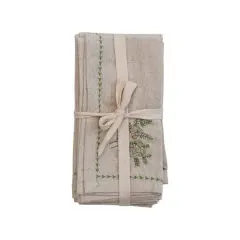 Hello Honey&reg; 18" Natural & Green Square Cotton & Linen Napkins with Botanical Embroidery, 4ct.