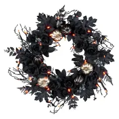 24" Chic Eek Black Flower & Pumpkin Halloween Pre-Lit LED Wreath