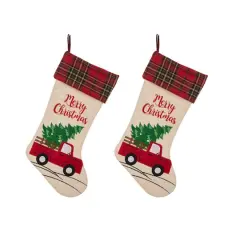 Glitzhome&reg; 21" Red Truck Embroidered Linen Stocking, Set Of 2