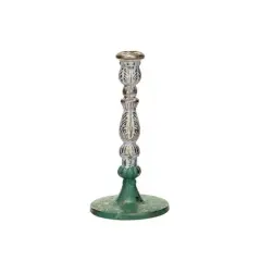 Hello Honey&reg; 9.25" Green, Gold and Cream Distressed Cast Metal Taper Candleholder
