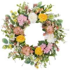 26" Pink & Yellow Rose & Hydrangea Floral Spring Wreath