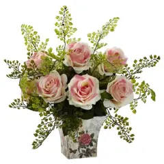 13" Light Pink Rose & Maiden Hair Arrangement in Floral Planter