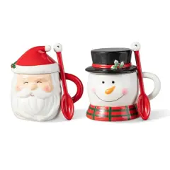 Glitzhome&reg; Christmas Ceramic Santa & Snowman Mug with Lid & Spoon Set