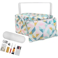 SINGER&reg; Large Abstract Geo Print Sewing Basket with Matching Pouch Sew Kit