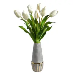 22" White Dutch Tulip Arrangement in Gold Trim Stoneware Vase