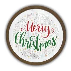 20" Round Merry Christmas Icons Brown Framed Wall Print