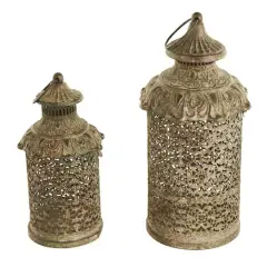 Brown Ornate Scroll Metal Candle Lantern Set