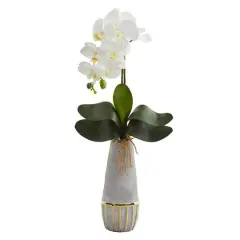 24" Phalaenopsis Orchid Artificial Arrangement in Stoneware Vase with Gold Trimming