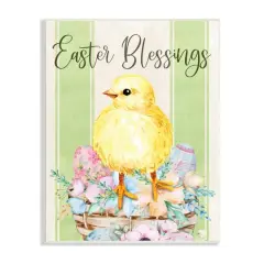 Stupell Industries Easter Blessings Text Striped Yellow Chick Egg Basket Wall Plaque Art