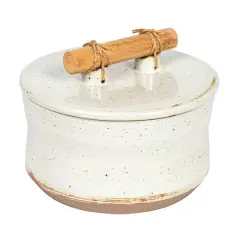 Hello Honey&reg; 6.75" Beige Reactive Glaze Stoneware Canister with Pine Wood & Jute Handle Lid