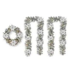 Glitzhome&reg; 24" Pre-Lit Snow Flocked Greenery Pine Poinsettia Christmas Wreath & Matched 2 Pack 9ft. Garland Set