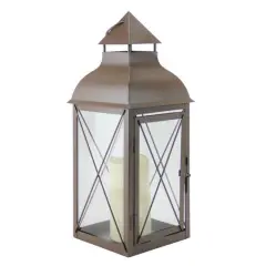 16.75" Cottage Style Metallic Lantern with LED Pillar Candle, Brown