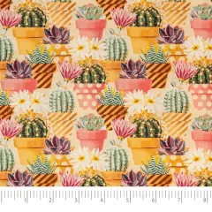 SINGER Succulents on Tan Cotton Fabric