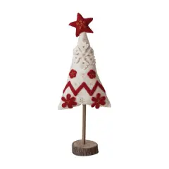 Hello Honey&reg; 17" Red & White Handmade Wool Felt Christmas Tree with Applique, Embroidery & Wood Slice Base