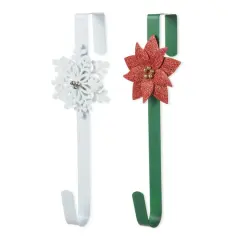 Glitzhome&reg; 14" Christmas Metal Snowflake & Poinsettia Wreath Hanger Set