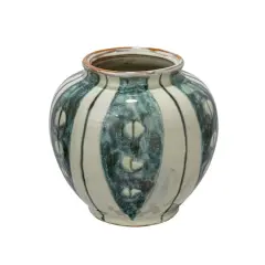 Hello Honey&reg; 9" Cream & Green Reactive Glaze Striped Round Hand-Painted Stoneware Vase
