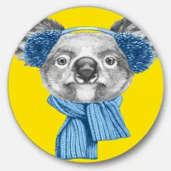 Designart - Koala with Scarf and Earmuffs' Disc Animal Metal Circle Wall Decor