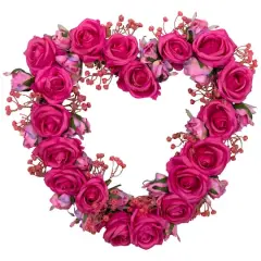 16" Pink Blooming Rose Buds Artificial Heart Shaped Valentine's Day Wreath