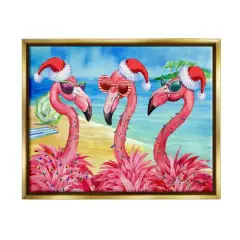 Stupell Industries Holiday Lights Flamingos Beach Gold Framed Floater Canvas Wall Art