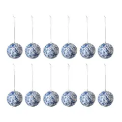 Hello Honey&reg; 12 Pack 3" Blue & Cream Round Printed Paper Mache Ball Ornaments with Flowers & Peacock Feather Design