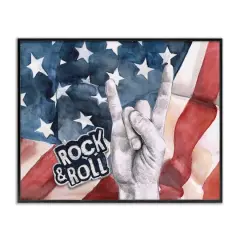Stupell Industries Rock And Roll Hand And American Flag Design Framed Giclee Art Black