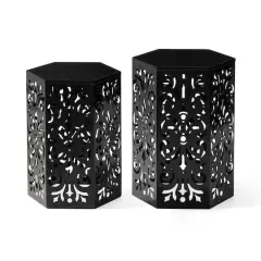 Glitzhome&reg; Black Floral Motif Hexagonal Garden Stool Set