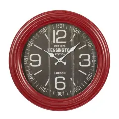 Farmhouse Round Red Metal and Wood Kensington Station Wall Clock, 14" x 14" x 2.60"