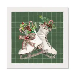 Green Christmas Ice Skates White Framed Canvas Wall Art