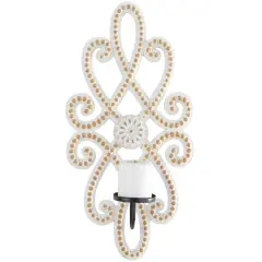 24" White Wood Beaded Pillar Scroll Wall Sconce