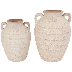Cream Ceramic Textured Vase Set with Handles & Terra Cotta Accents