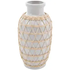14" White Ceramic Vase with Woven Rattan Exterior