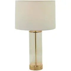 CosmoLiving by Cosmopolitan Gold Tempered Glass Transparent Base Table Lamp with Drum Shade 14" x 14" x 25"