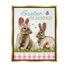 Stupell Industries Easter Blessings Gingham Spring Bunnies Floater Framed Art Gold