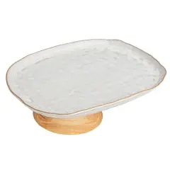 Hello Honey&reg; 13.75" Acacia-Base White Stoneware Elegance Pedestal