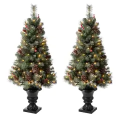 2 Pack 4ft. Pre-Lit Flocked Pinecone & Berry Fir Artificial Christmas Tree in Planter, Warm White Lights