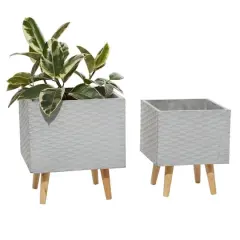 Set of 2 Grey Polystone Contemporary Planter, 15", 17"