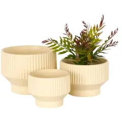Linear Grooves Wide Ceramic Planter Set Cream